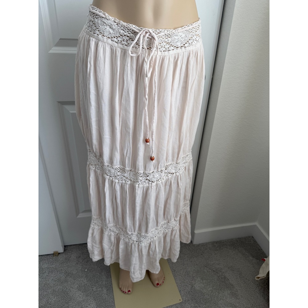 Earthbound Trading Co Boho Crochet Lace Tiered Maxi Skirt Cream Viscose Small